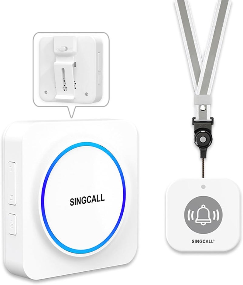 SINGCALL Wireless Caregiver Pager Panic Alarm System Personal Alarm for Elderly/Kids/Pregnant/Patients/Care Home/Hospital 32 Chimes&0-100dB Volume 1 Rechargeable Portable Receiver+ 1 Panic Call Button - Image 1